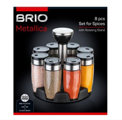 Комплект за подправки BRIO Metallica, На въртяща стойка, 8 бурканчета