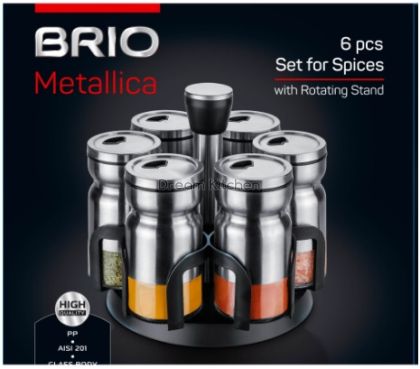 Комплект за подправки инокс BRIO Metallica, На въртяща стойка, 6 бурканчета