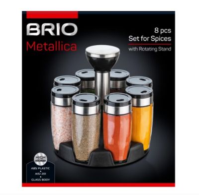 Комплект за подправки BRIO Metallica, На въртяща стойка, 8 бурканчета