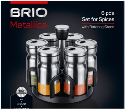 Комплект за подправки инокс BRIO Metallica, На въртяща стойка, 6 бурканчета
