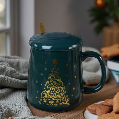 Коледна чаша с лъжичка - Златна елхичка 420мл