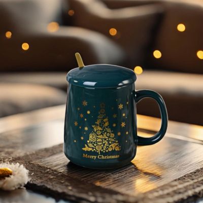 Коледна чаша с лъжичка - Златна елхичка 420мл