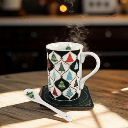 Коледна чаша с подложка - Коледни елхички 270мл