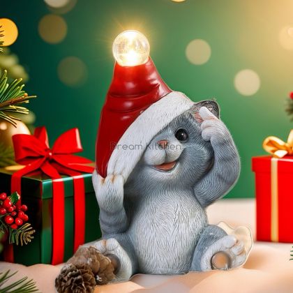 Коледна декорация - Коте сиво със светеща шапка