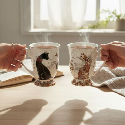 К-т 2 чаши за чай 280мл, с лъжички - Котки