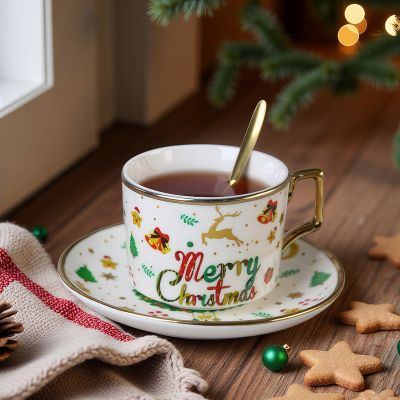 Коледна чаша с чинийка и лъжичка - Коледни мотиви 220мл