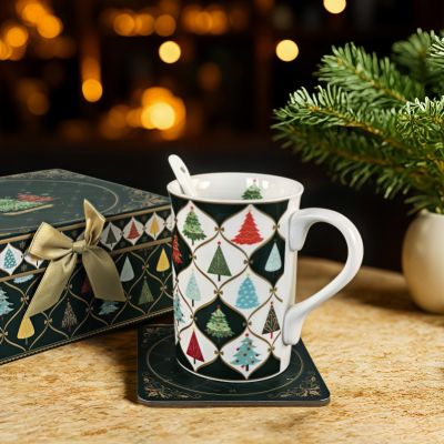 Коледна чаша с подложка - Коледни елхички 270мл