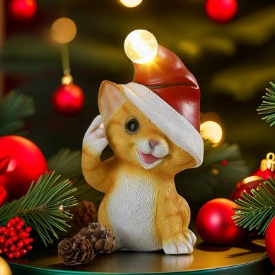 Коледна декорация - Коте оранжево със светеща шапка