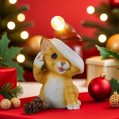 Коледна декорация - Коте оранжево със светеща шапка