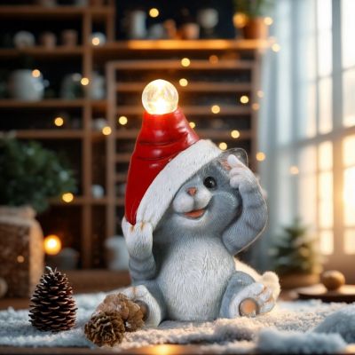 Коледна декорация - Коте сиво със светеща шапка