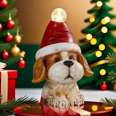 Коледна декорация - Куче със светеща шапка